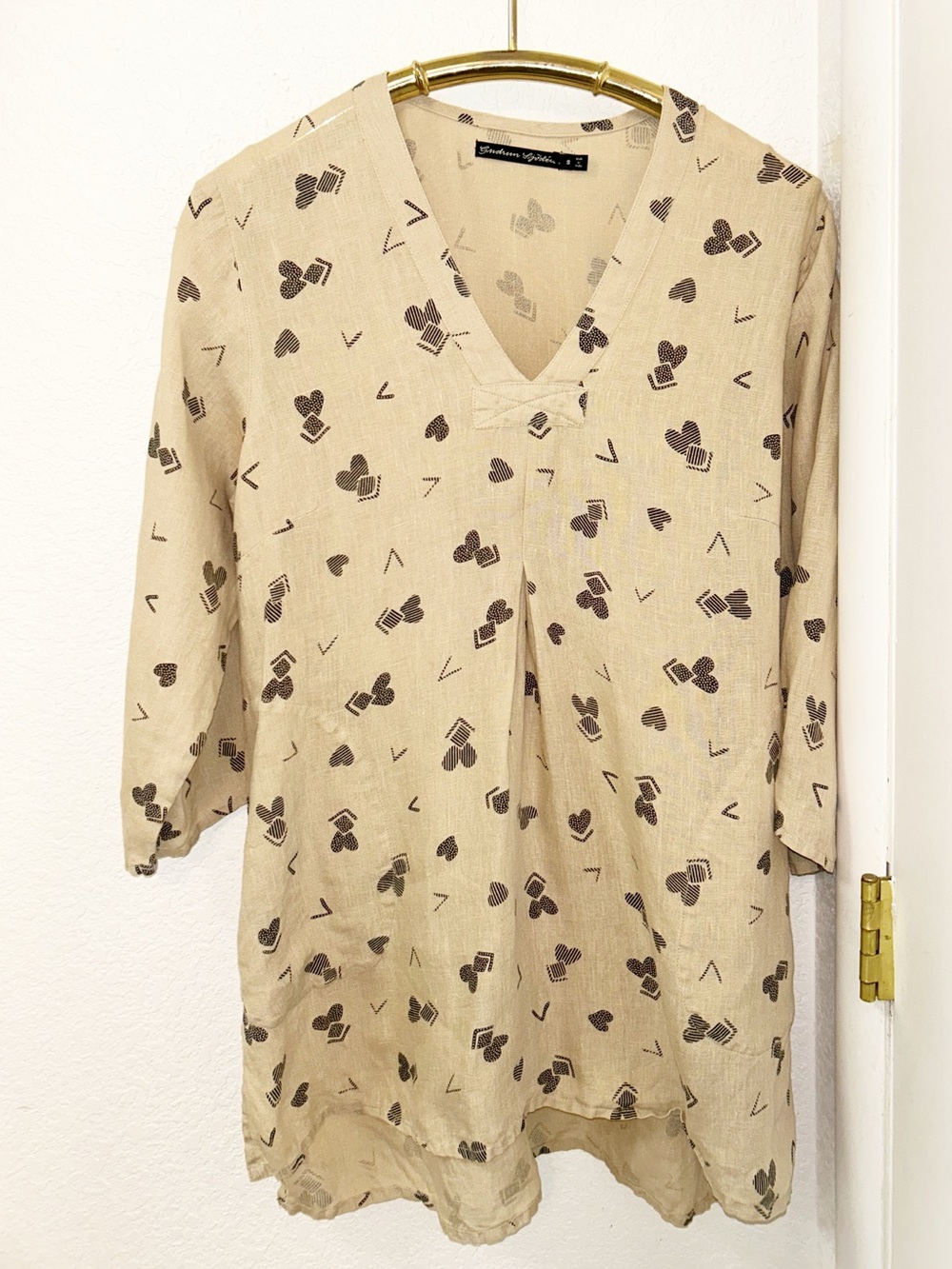 GUDRUN SJODEN The 💯 Linen Made in India Heart Pattern 3/4 sleeve Tunic SZ: Small
